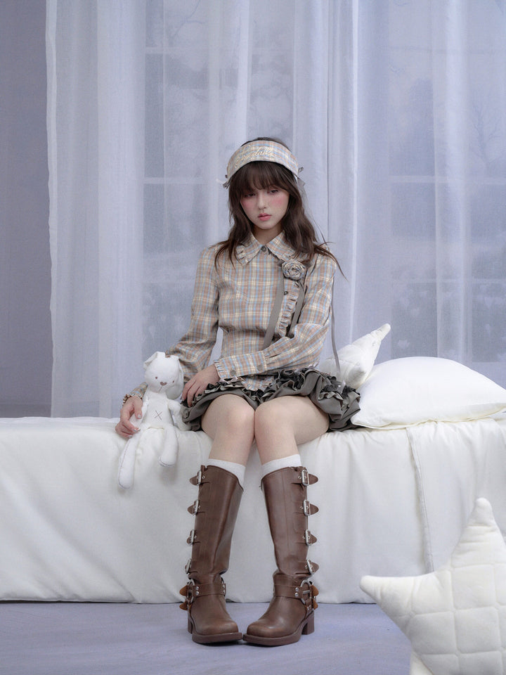 Coquette Rose Brooch Plaid Shirt