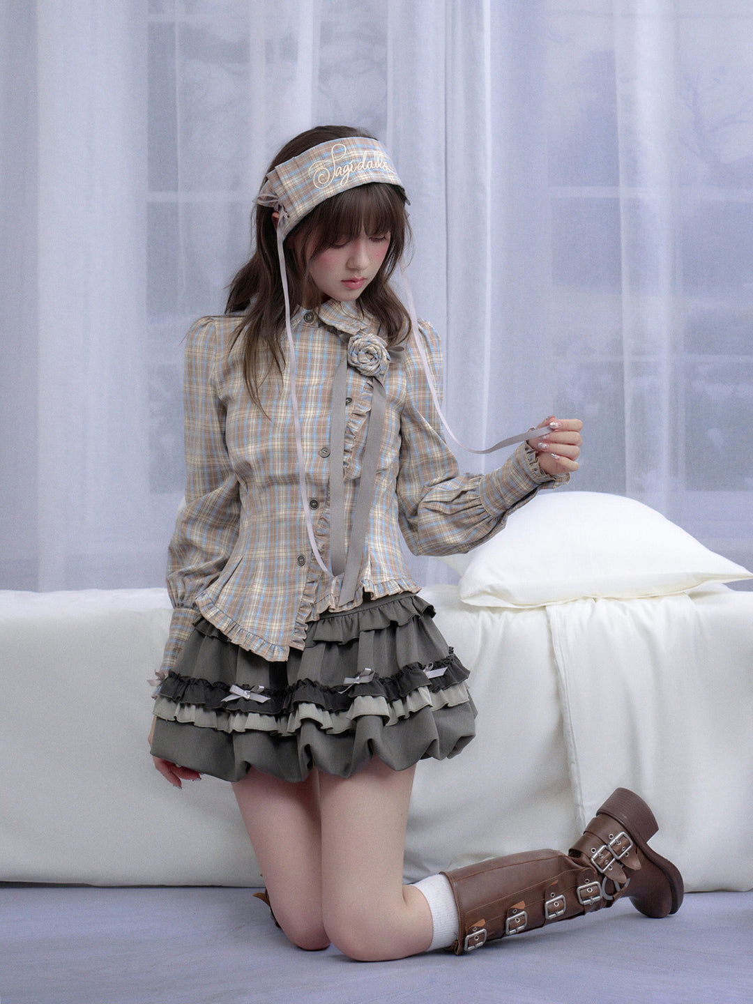 Coquette Rose Brooch Plaid Shirt
