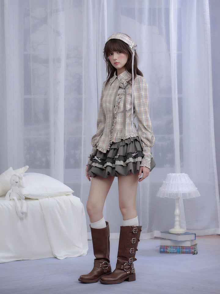 Coquette Rose Brooch Plaid Shirt