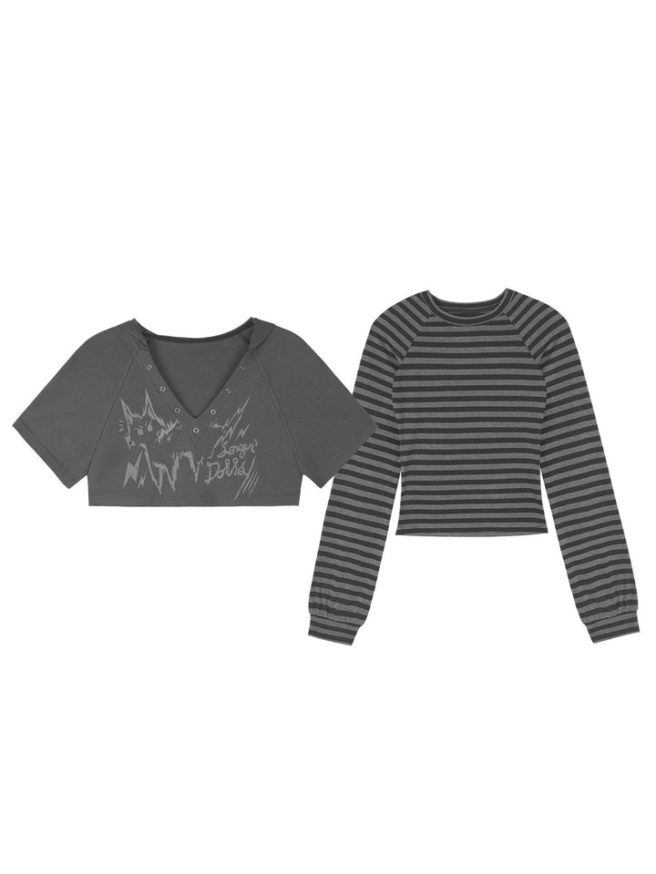 Grunge Cat Graphic Layered Top Set