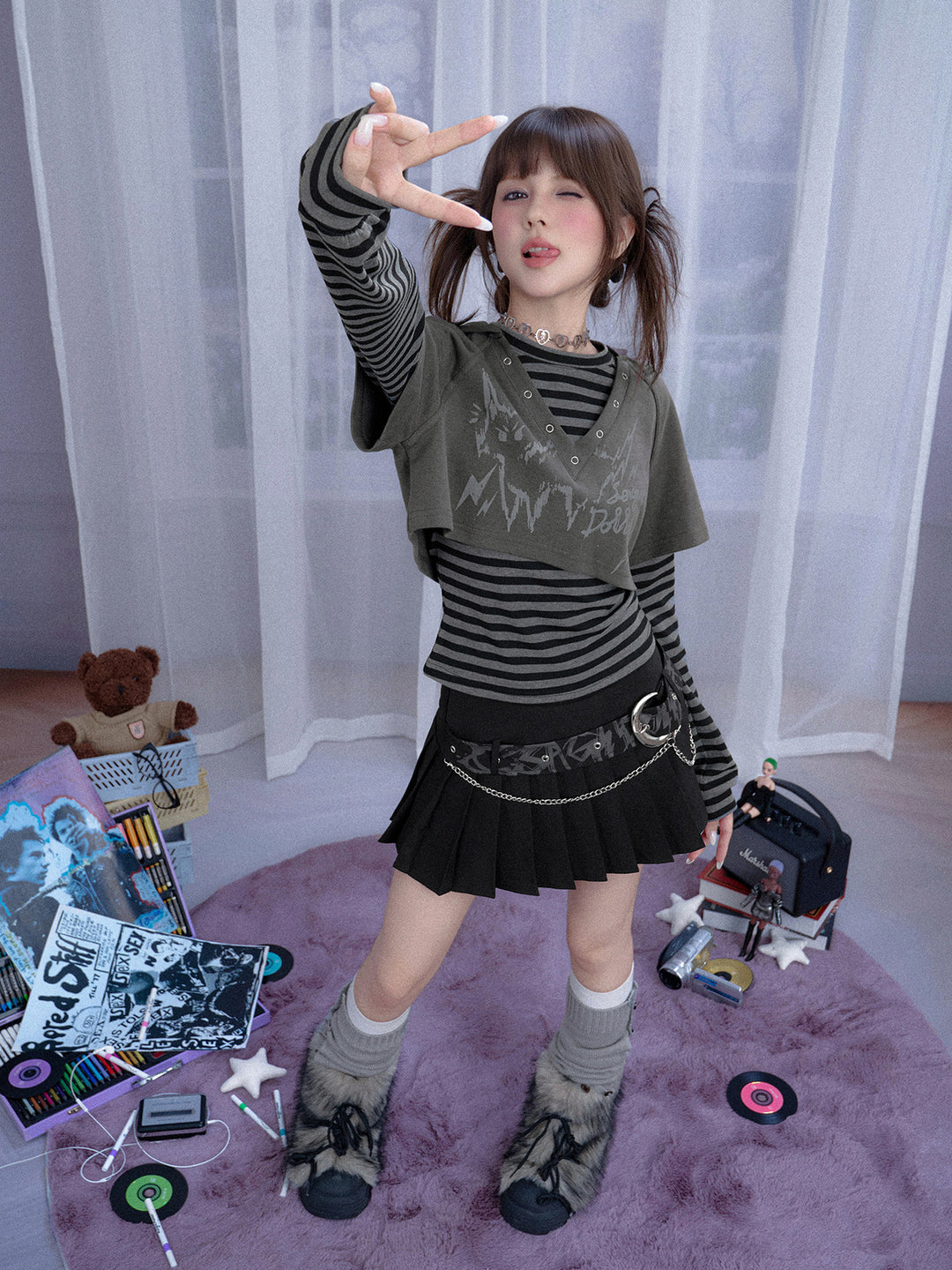 Grunge Cat Graphic Layered Top Set