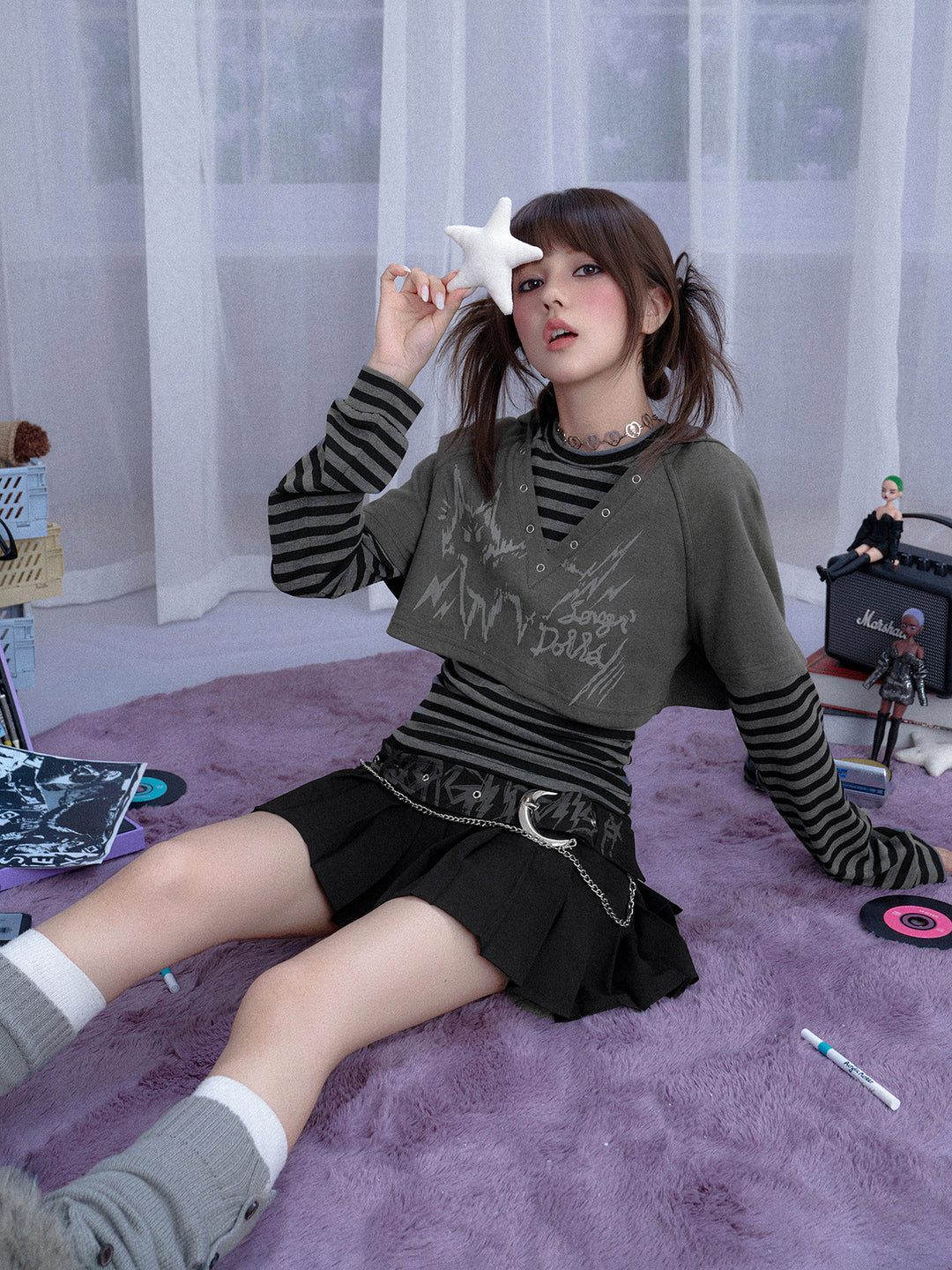 Grunge Cat Graphic Layered Top Set