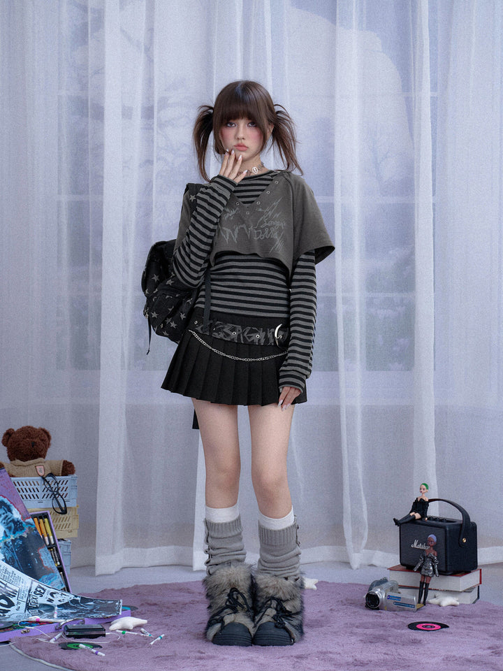 Grunge Cat Graphic Layered Top Set