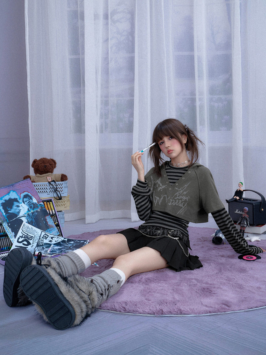 Grunge Cat Graphic Layered Top Set