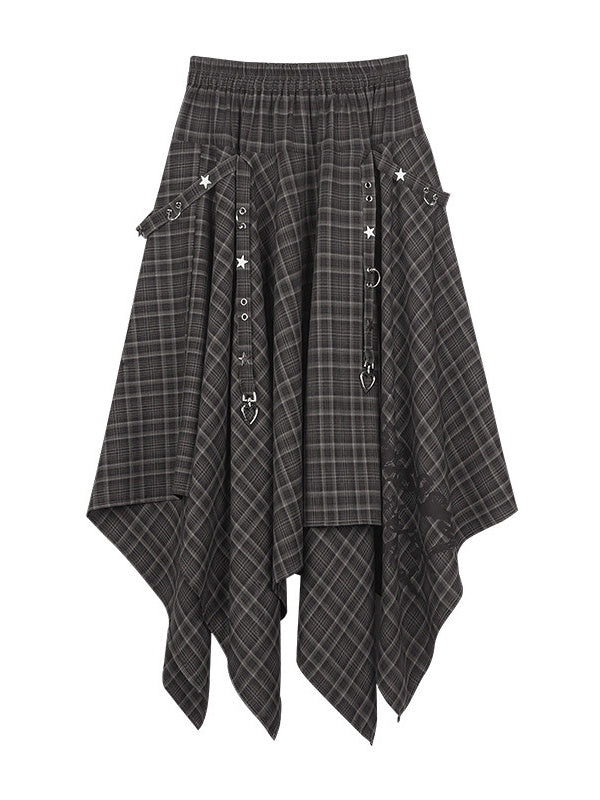 Grunge Plaid Handkerchief Midi Skirt