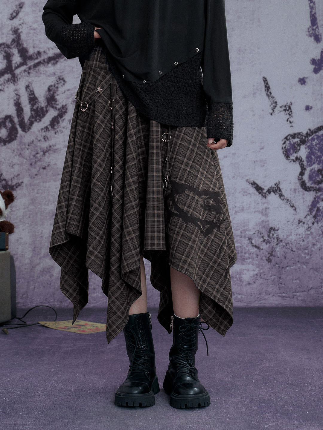 Grunge Plaid Handkerchief Midi Skirt