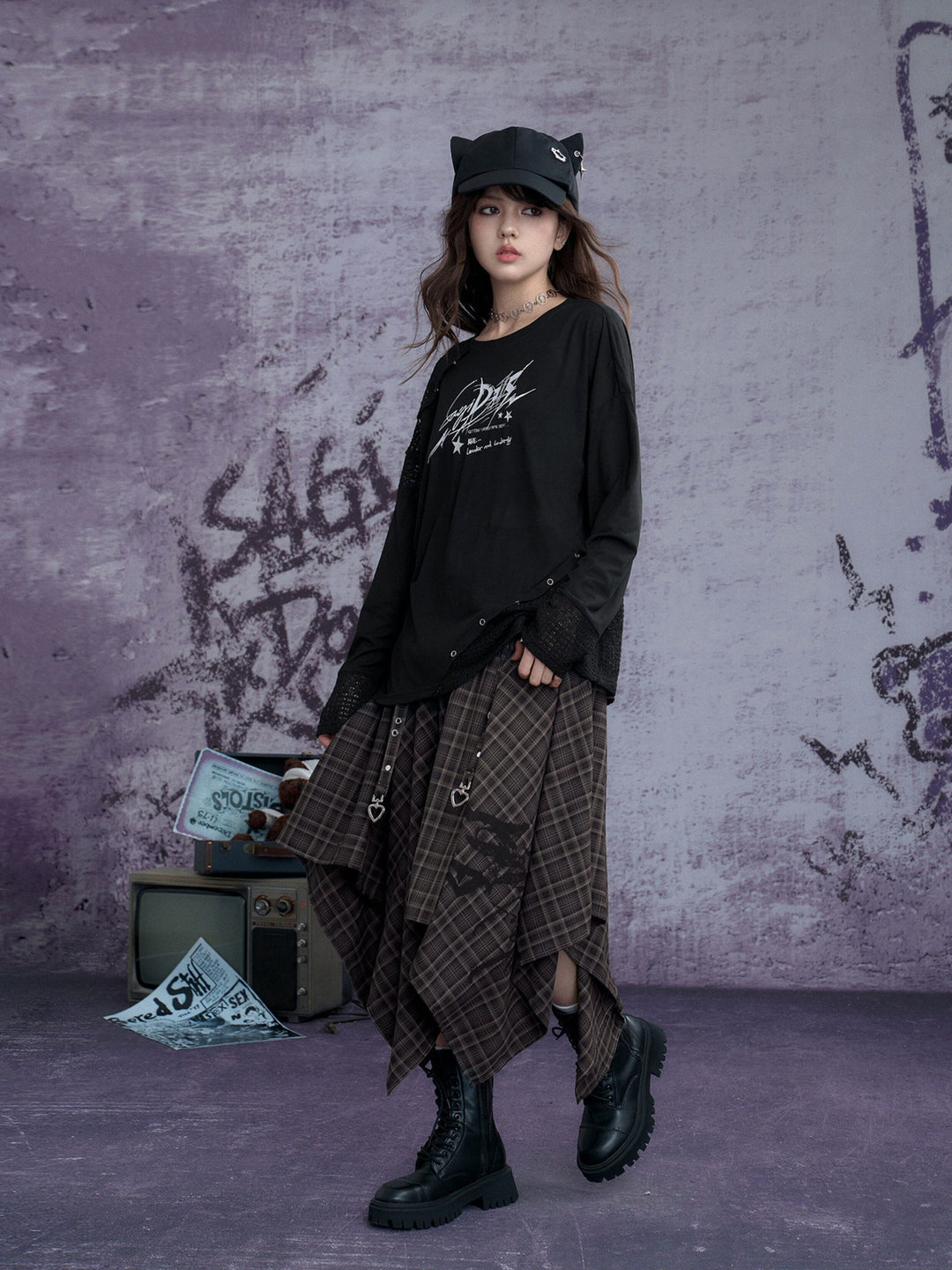 Grunge Plaid Handkerchief Midi Skirt