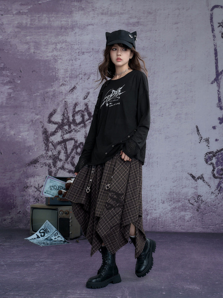 Grunge Plaid Handkerchief Midi Skirt