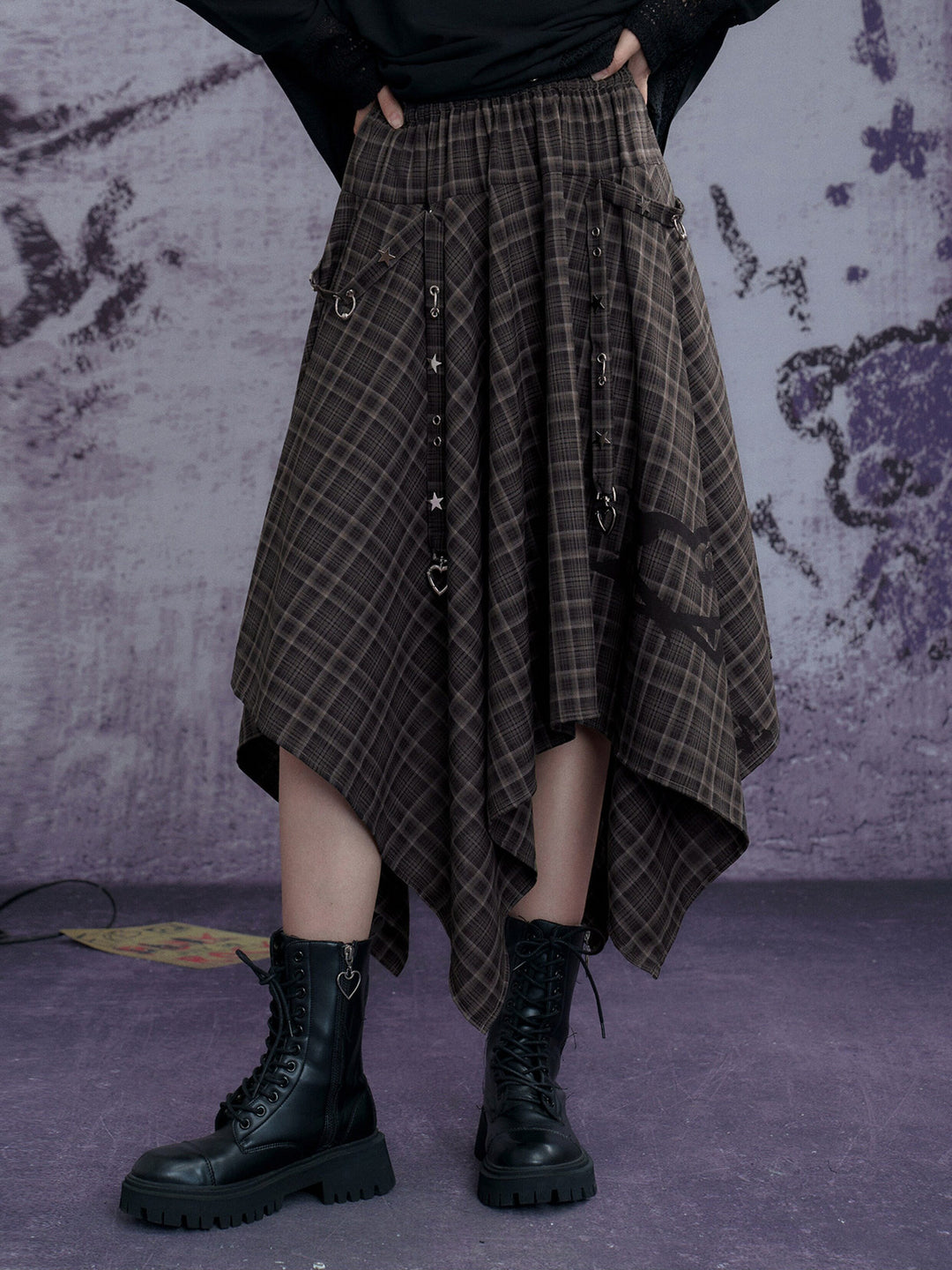 Grunge Plaid Handkerchief Midi Skirt
