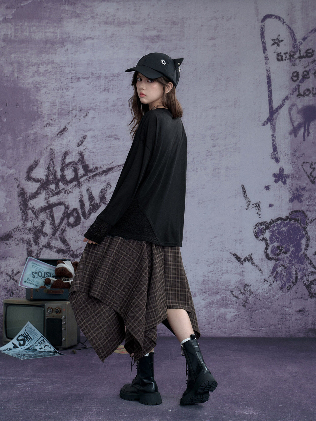 Grunge Plaid Handkerchief Midi Skirt