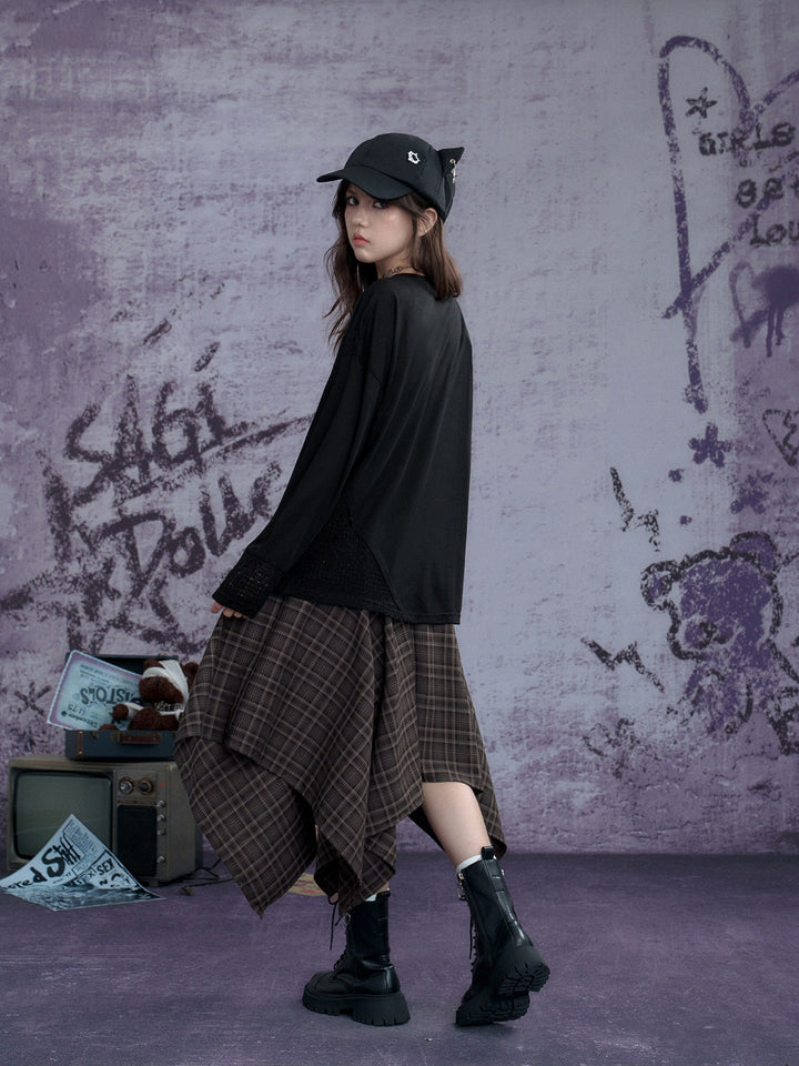 Grunge Plaid Handkerchief Midi Skirt