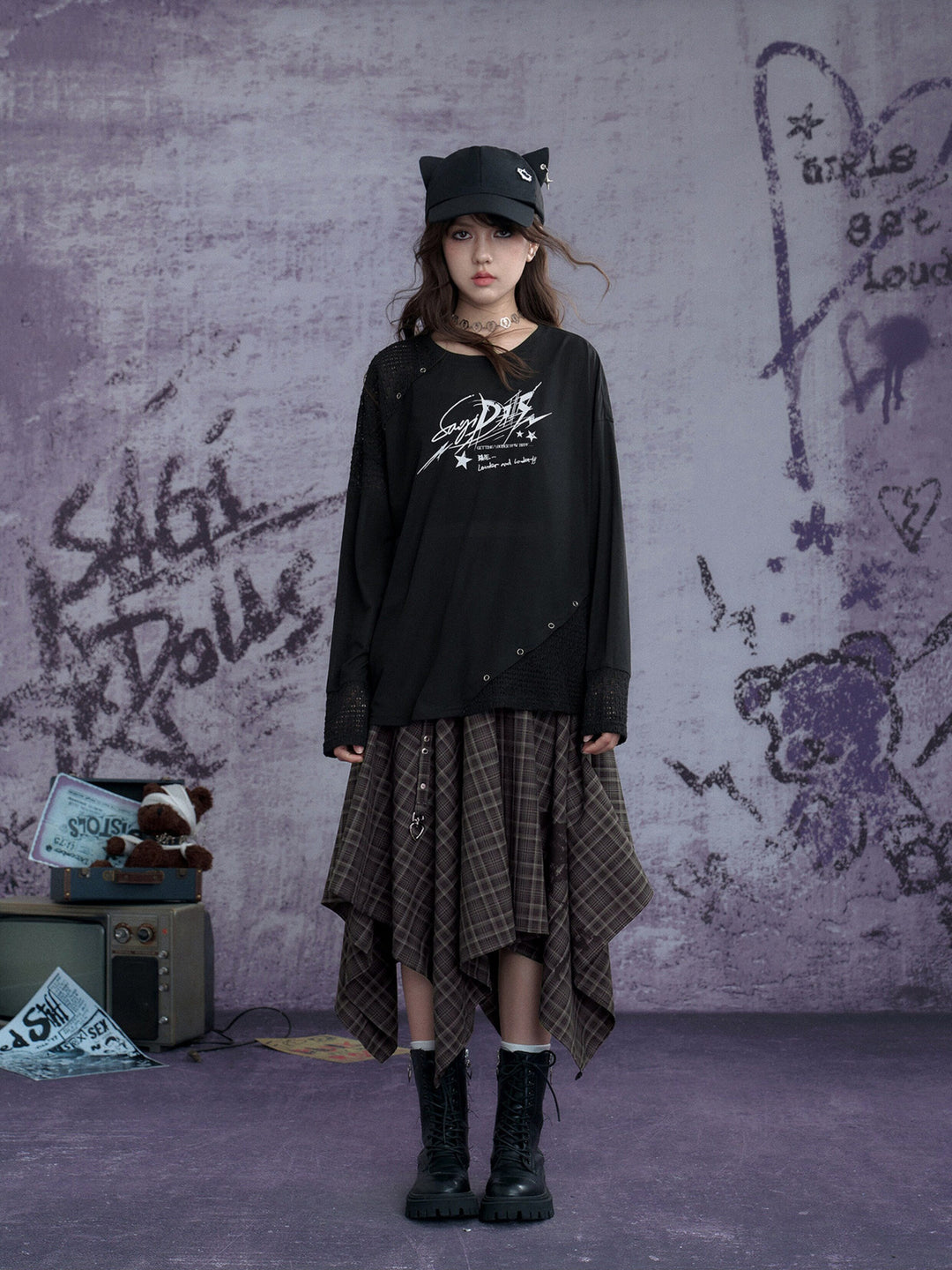 Grunge Plaid Handkerchief Midi Skirt
