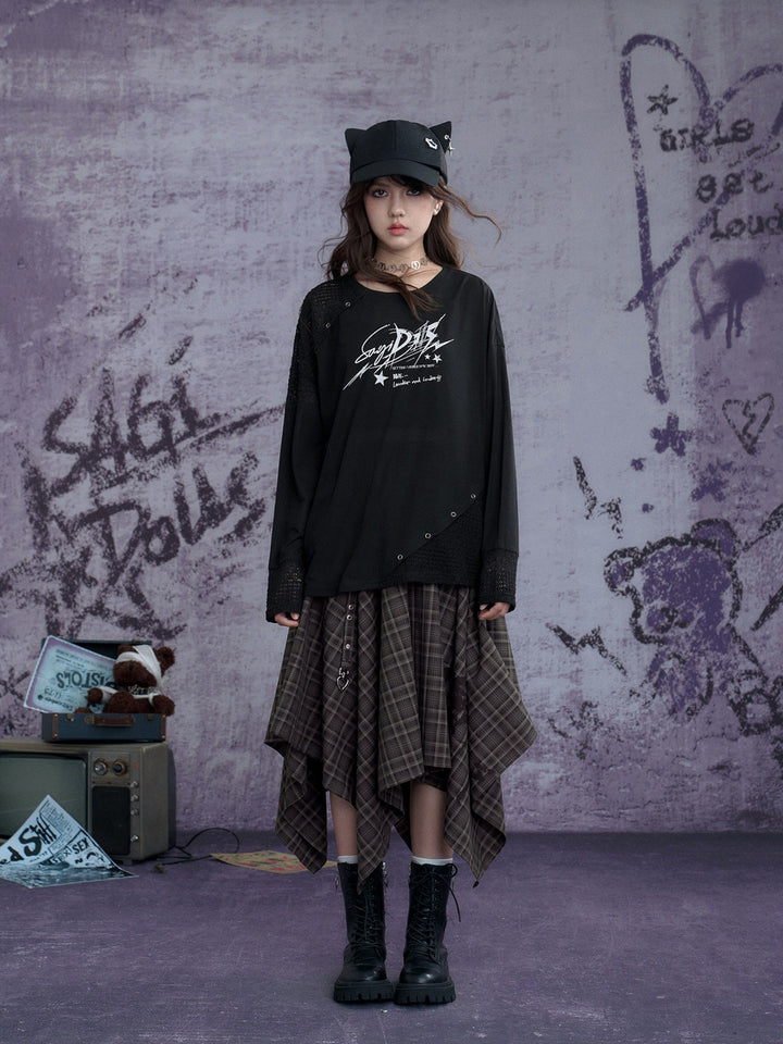 Grunge Plaid Handkerchief Midi Skirt