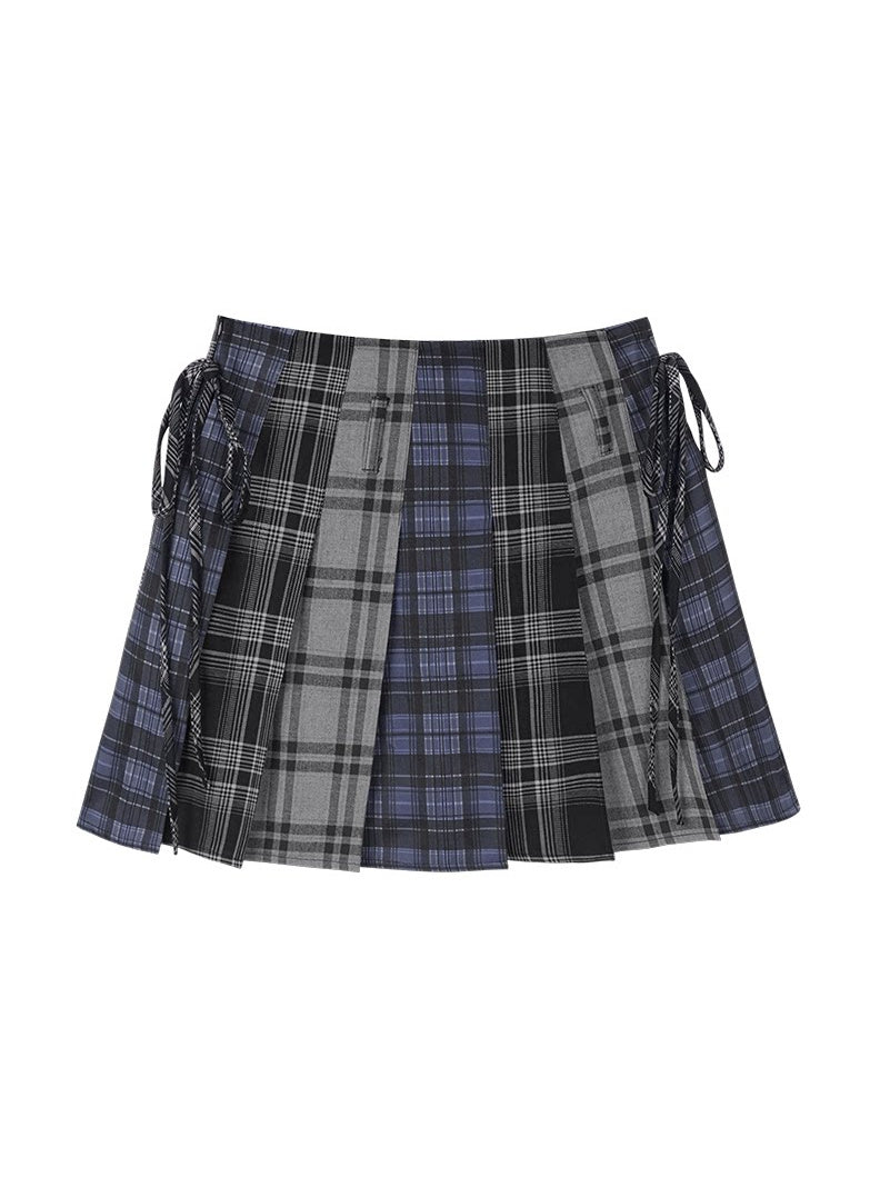 Patchwork Plaid Pleated Mini Skirt