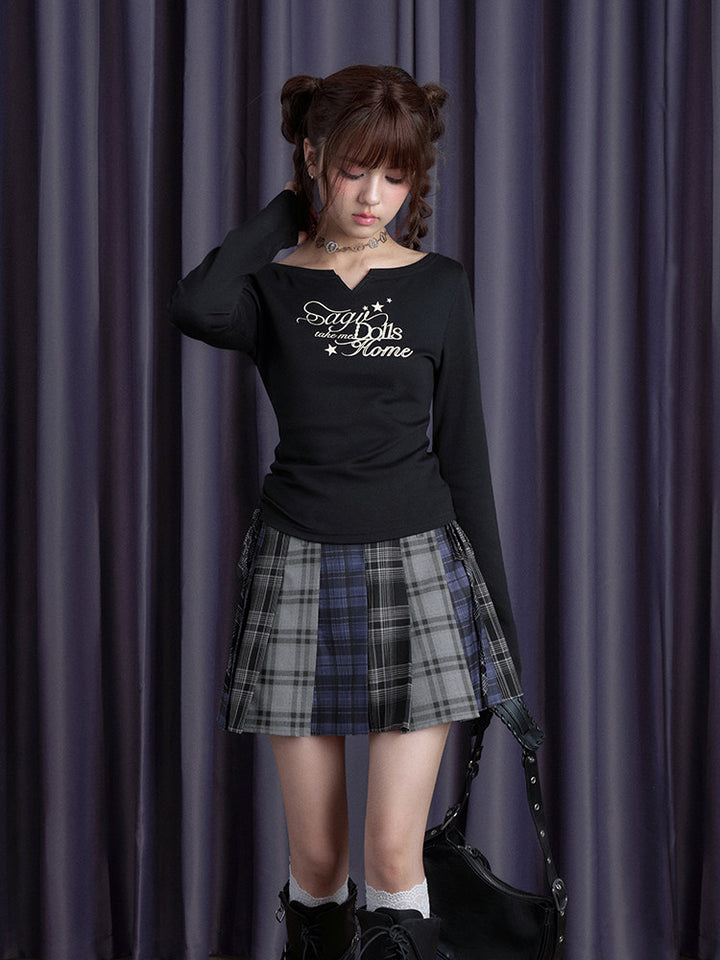 Patchwork Plaid Pleated Mini Skirt