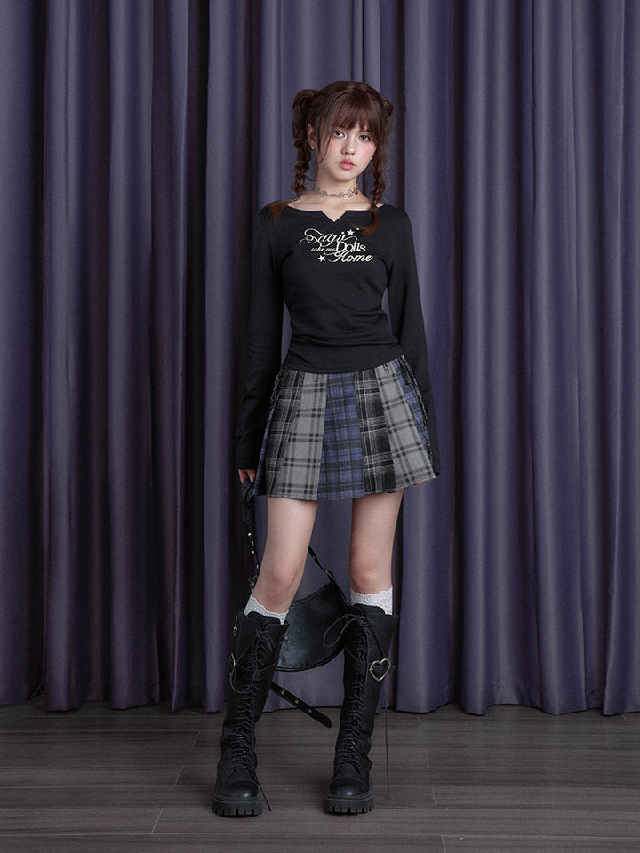 Patchwork Plaid Pleated Mini Skirt