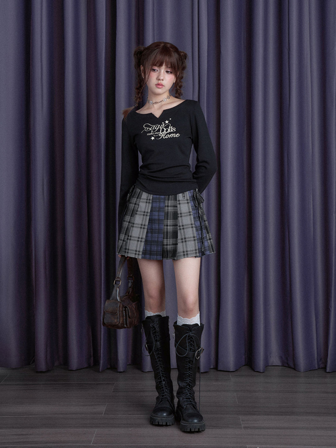Patchwork Plaid Pleated Mini Skirt