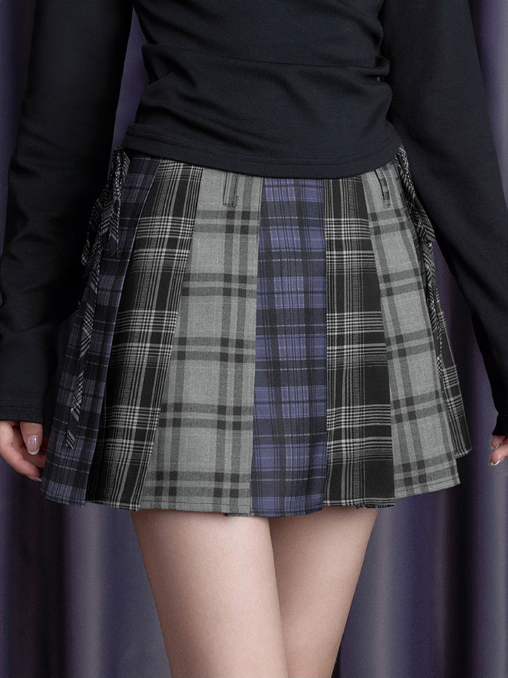 Patchwork Plaid Pleated Mini Skirt