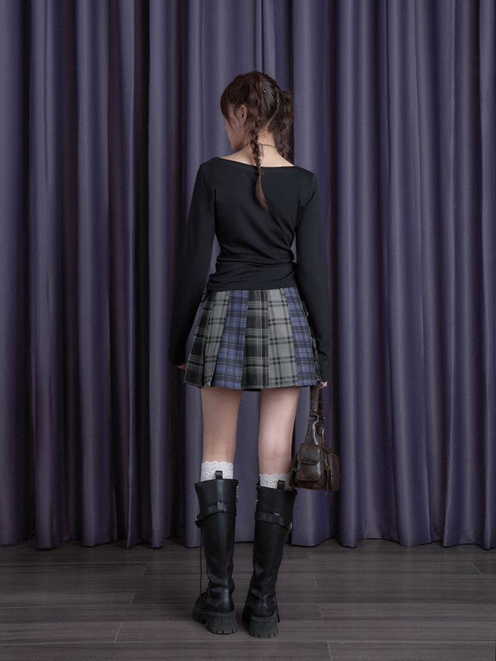 Patchwork Plaid Pleated Mini Skirt
