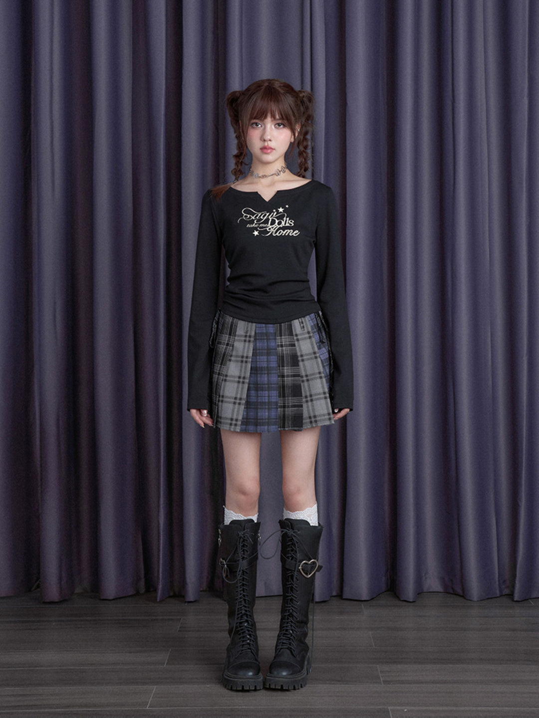 Patchwork Plaid Pleated Mini Skirt