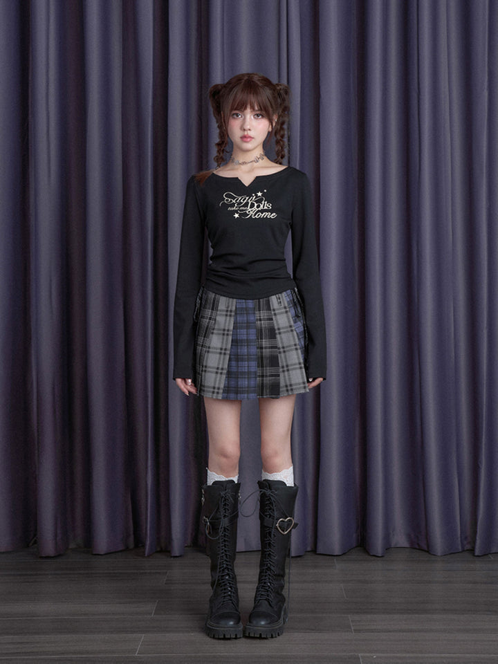 Patchwork Plaid Pleated Mini Skirt
