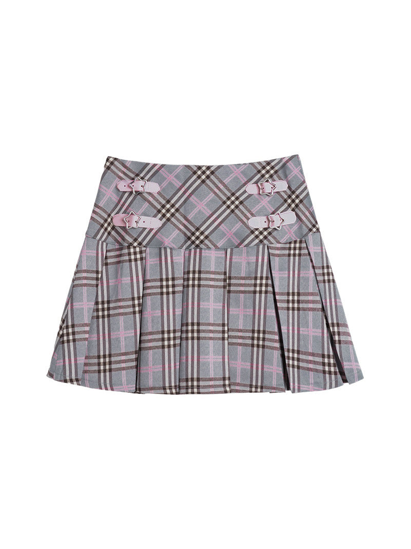 Star Buckle Plaid Pleated Mini Skirt