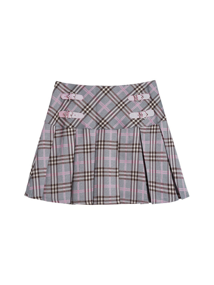 Star Buckle Plaid Pleated Mini Skirt