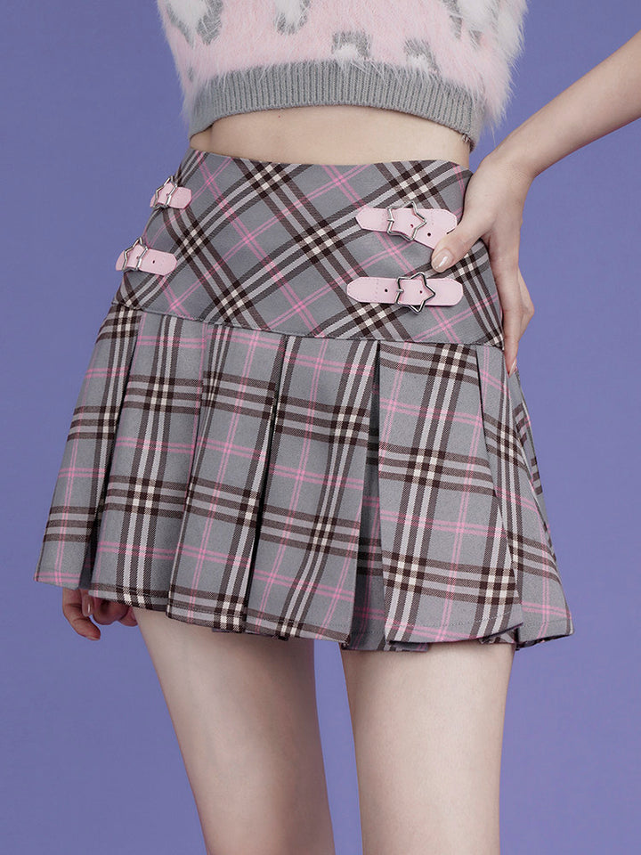 Star Buckle Plaid Pleated Mini Skirt