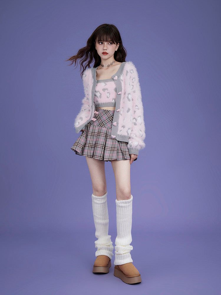 Star Buckle Plaid Pleated Mini Skirt