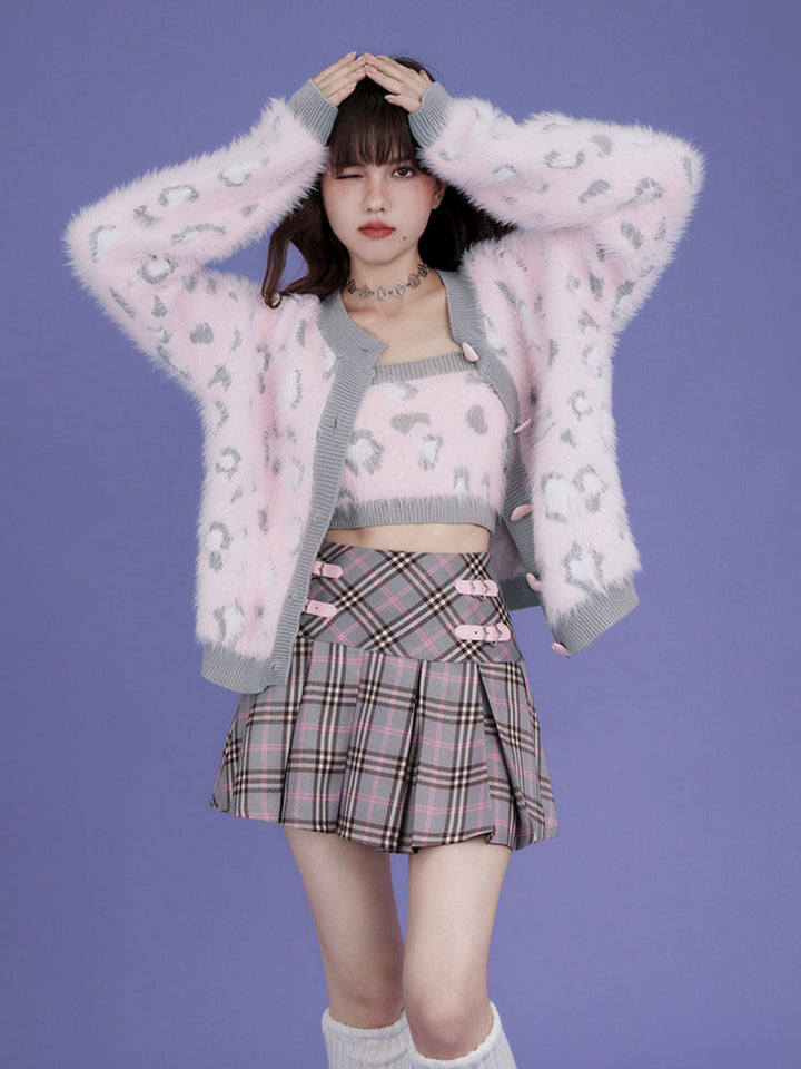 Star Buckle Plaid Pleated Mini Skirt