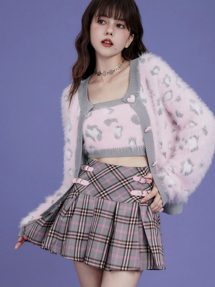 Star Buckle Plaid Pleated Mini Skirt