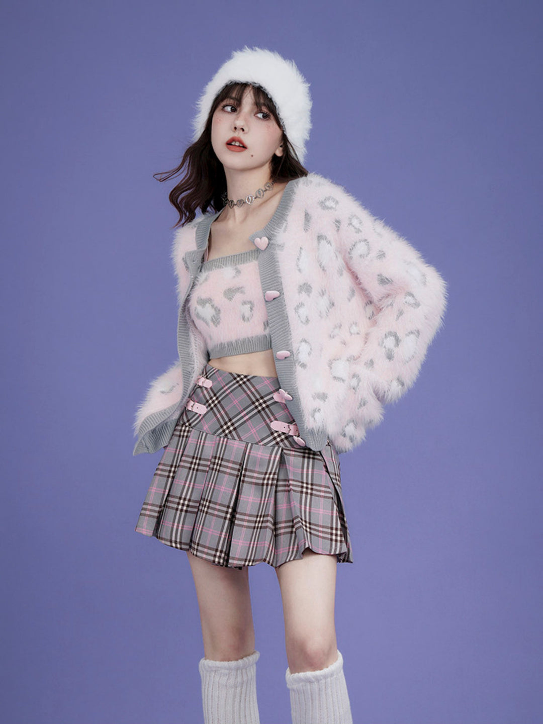 Star Buckle Plaid Pleated Mini Skirt