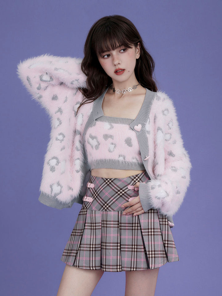 Star Buckle Plaid Pleated Mini Skirt