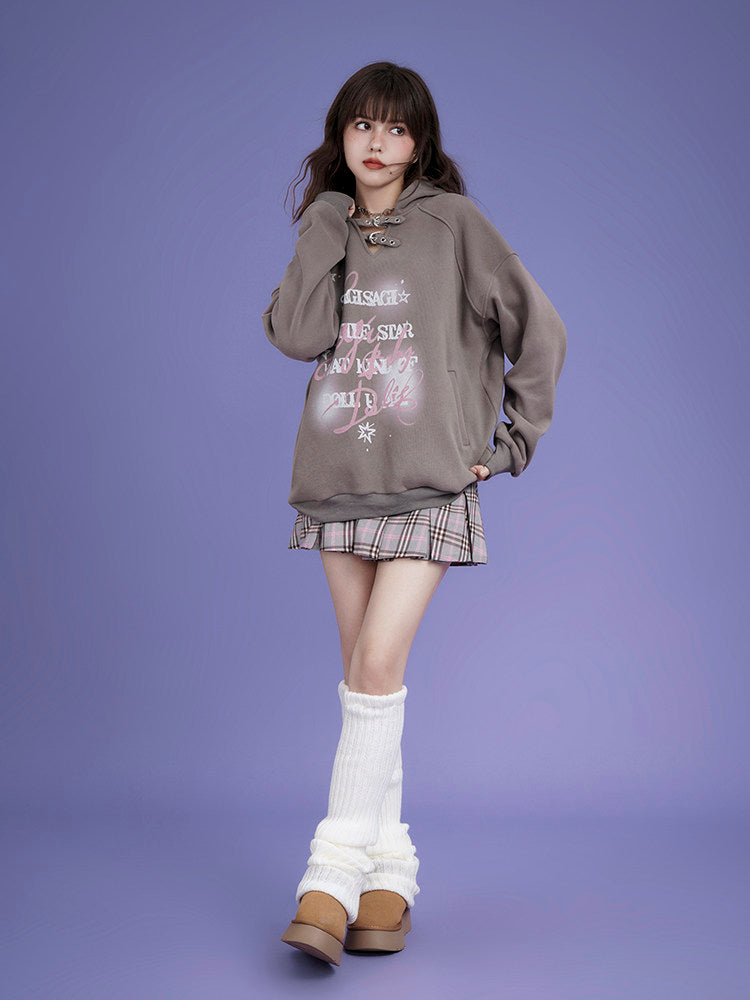 Star Buckle Plaid Pleated Mini Skirt