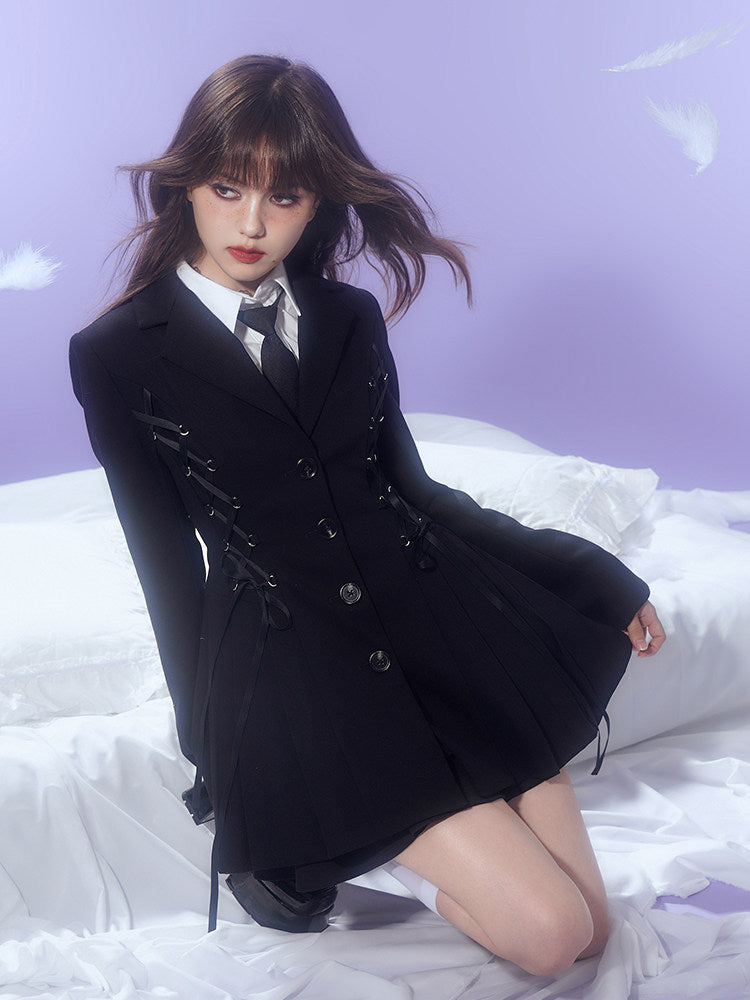 Gothic Lace-Up Pleated Blazer Dress