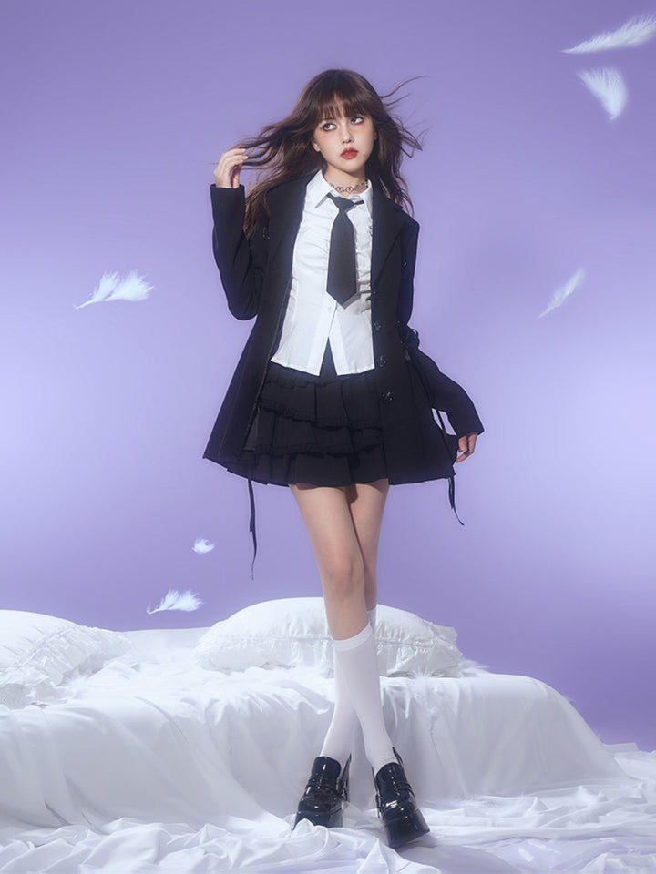 Gothic Lace-Up Pleated Blazer Dress
