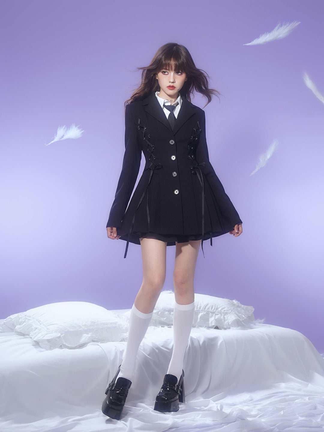 Gothic Lace-Up Pleated Blazer Dress