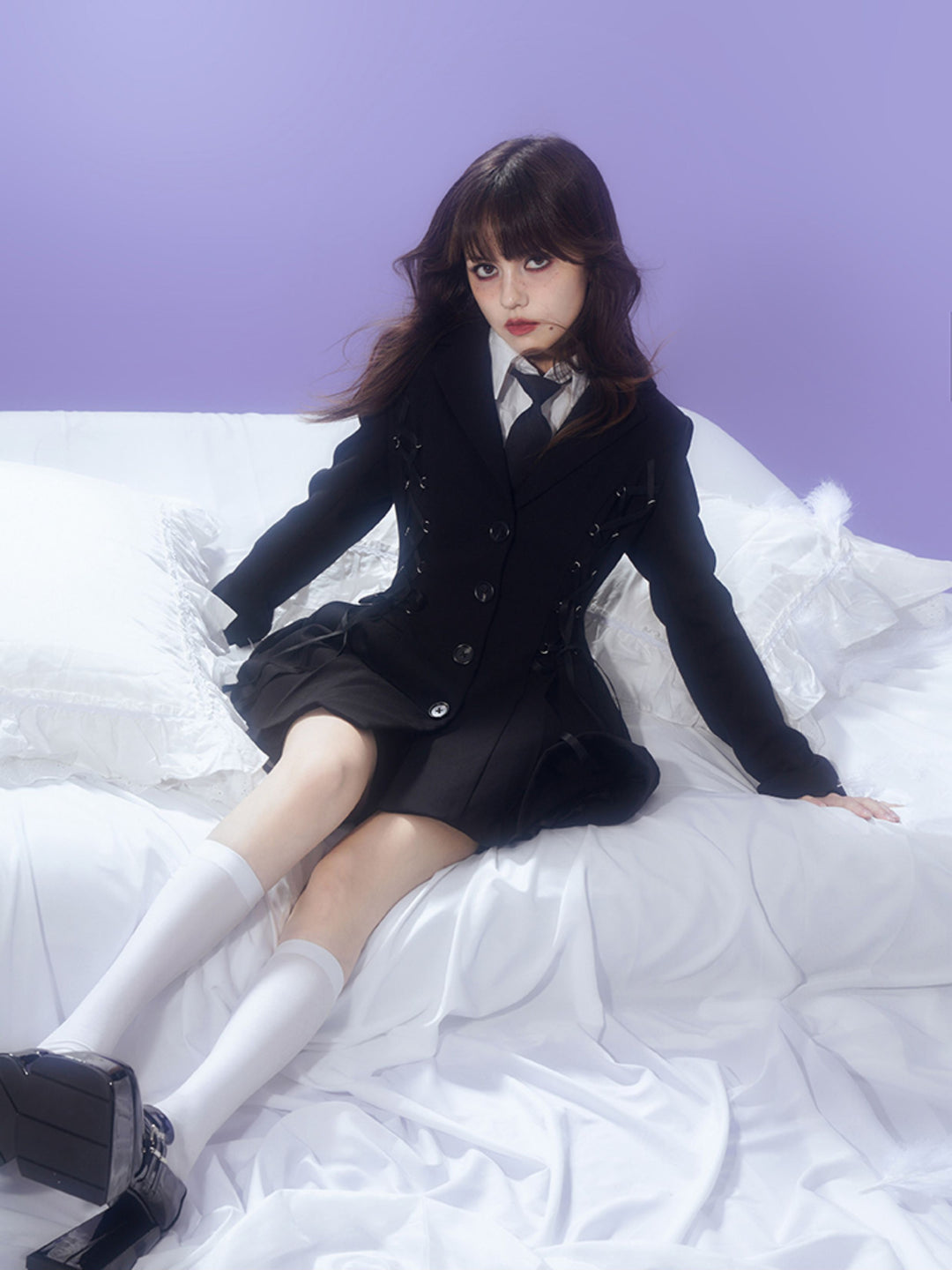 Gothic Lace-Up Pleated Blazer Dress