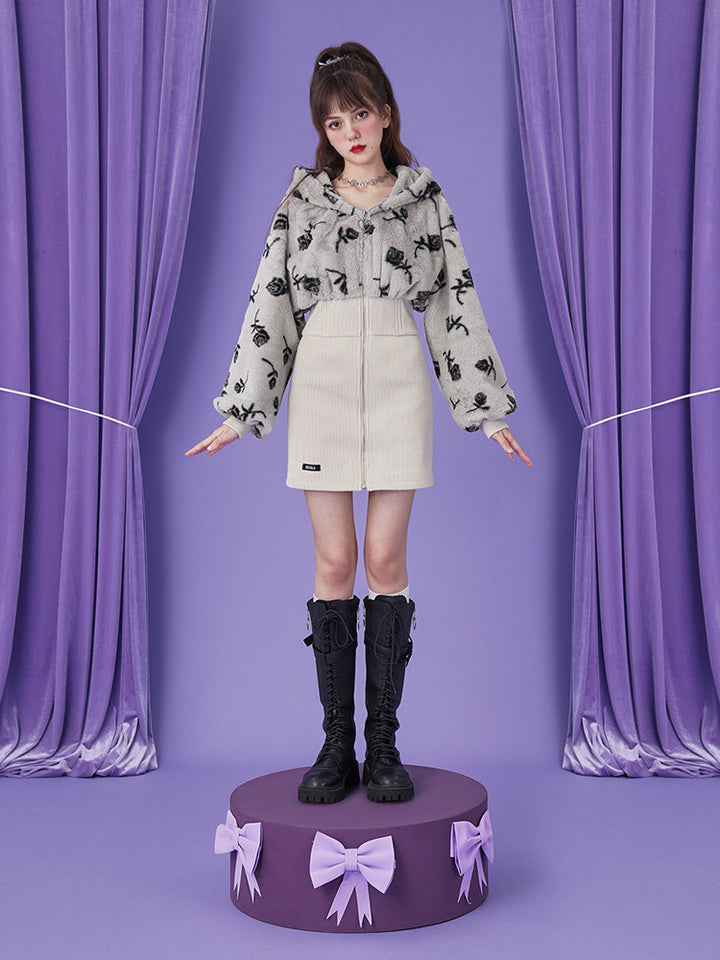 Fuzzy Rose Corset Hoodie Mini Dress