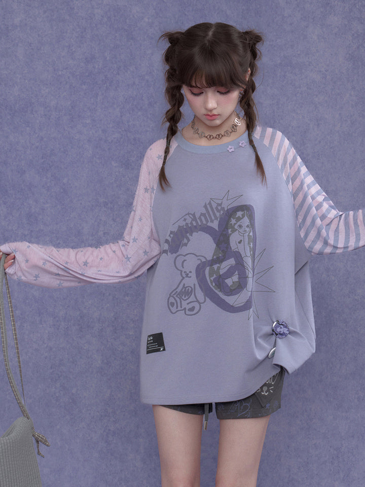 Kawaii Mismatched Sleeve Graphic Sweatshirt