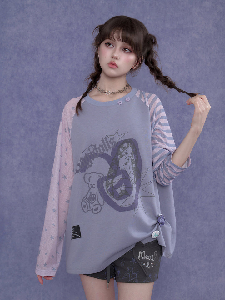 Kawaii Mismatched Sleeve Graphic Sweatshirt