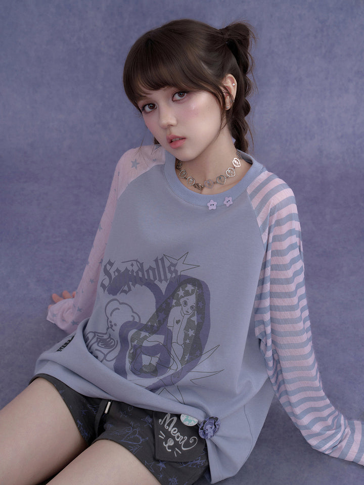 Kawaii Mismatched Sleeve Graphic Sweatshirt