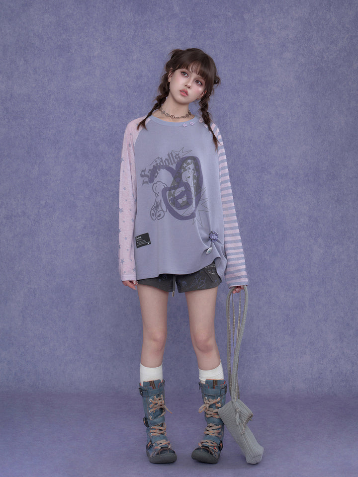 Kawaii Mismatched Sleeve Graphic Sweatshirt