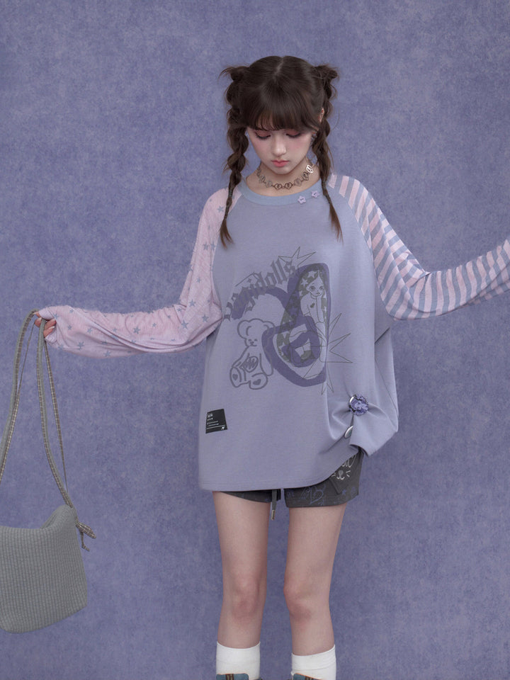 Kawaii Mismatched Sleeve Graphic Sweatshirt