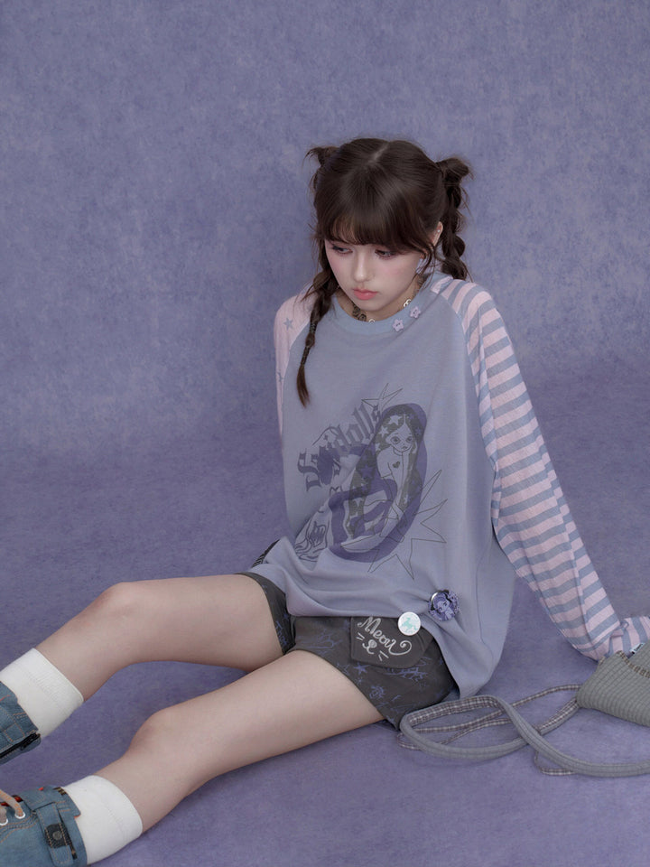 Kawaii Mismatched Sleeve Graphic Sweatshirt