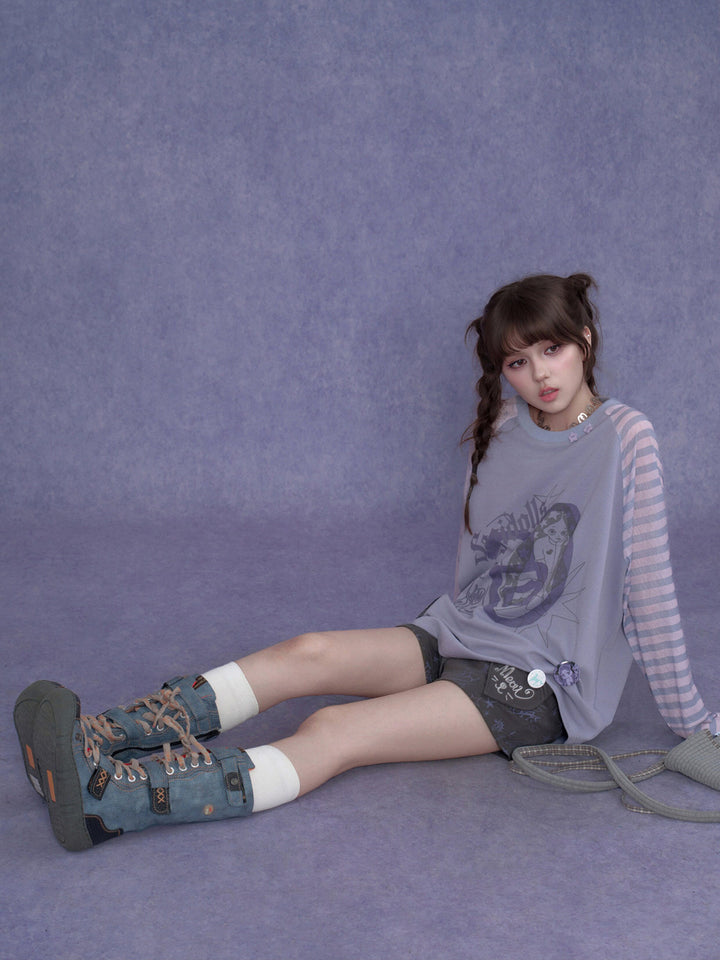 Kawaii Mismatched Sleeve Graphic Sweatshirt