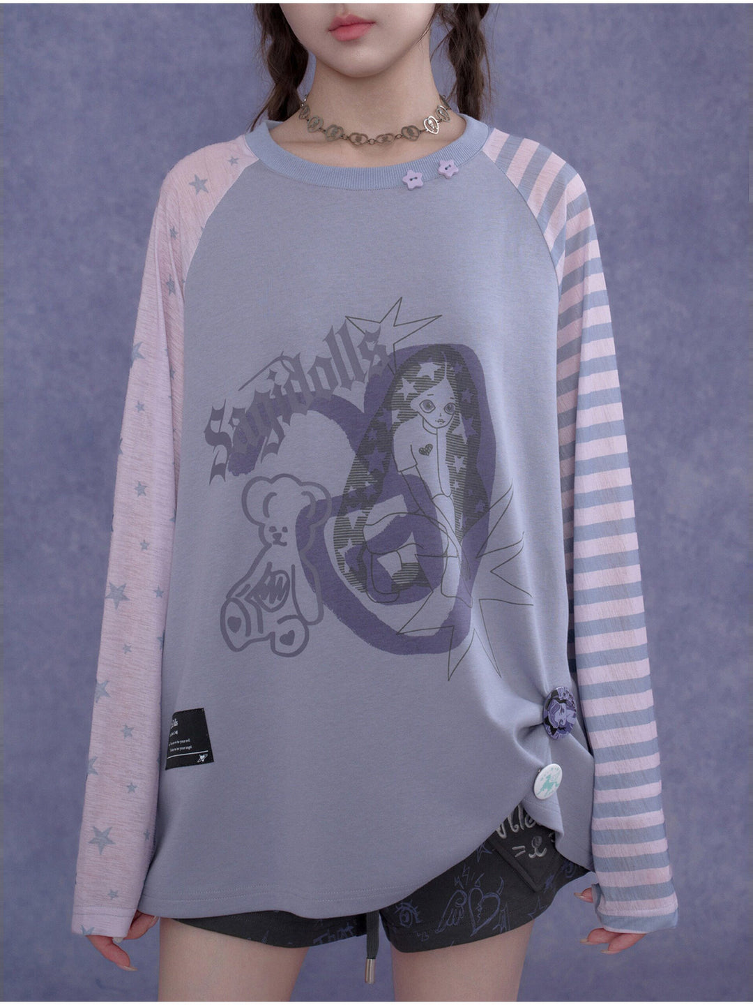 Kawaii Mismatched Sleeve Graphic Sweatshirt