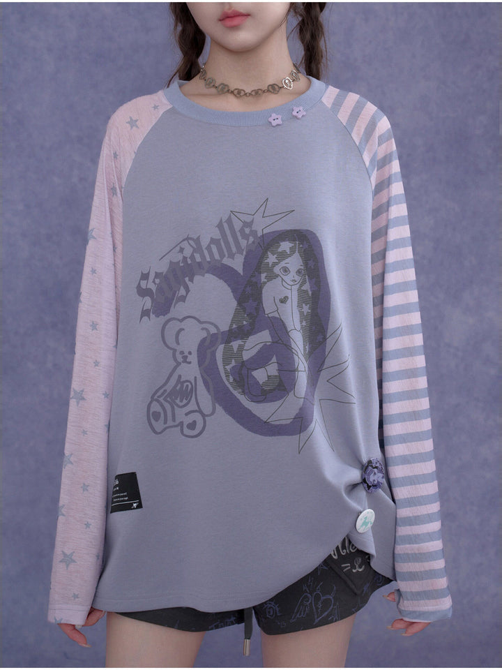 Kawaii Mismatched Sleeve Graphic Sweatshirt