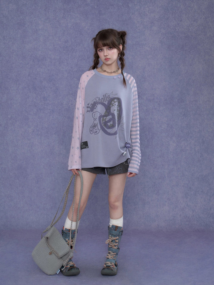 Kawaii Mismatched Sleeve Graphic Sweatshirt