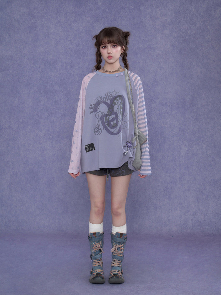 Kawaii Mismatched Sleeve Graphic Sweatshirt